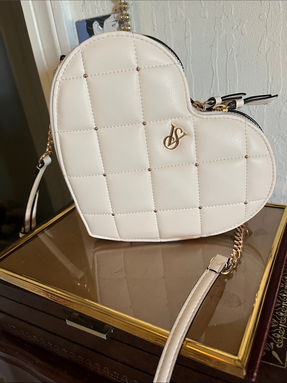 Victoria's Secret Cream Quilted Heart Crossbody Purse with Gold Accents